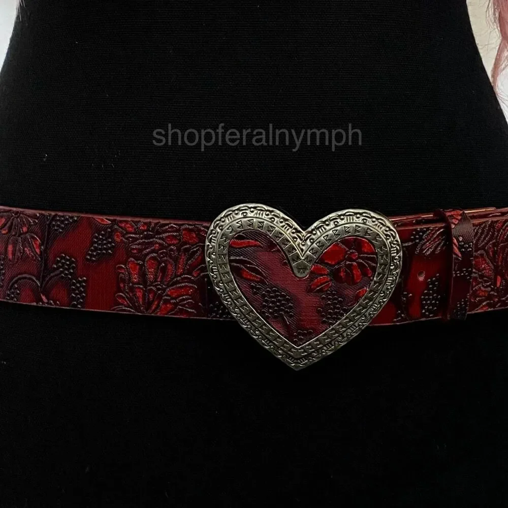 Red Floral Embossed Heart Buckle Western Y2K Belt, Fits 33-43 Inches, X7GA1288